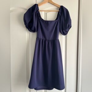 Altar'd State Navy Blue Puff-Sleeve Square Neck Mini Dress with Open Back
